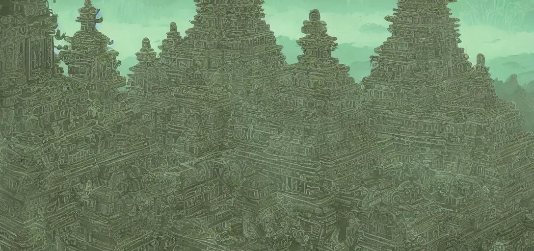 Prompt: extreme long shot of temple with glyphs and on the top of the temple, the graphic style of Patrick Gleason, low key lighting, detailed art, trending on artstation, green tones, dark colors glow