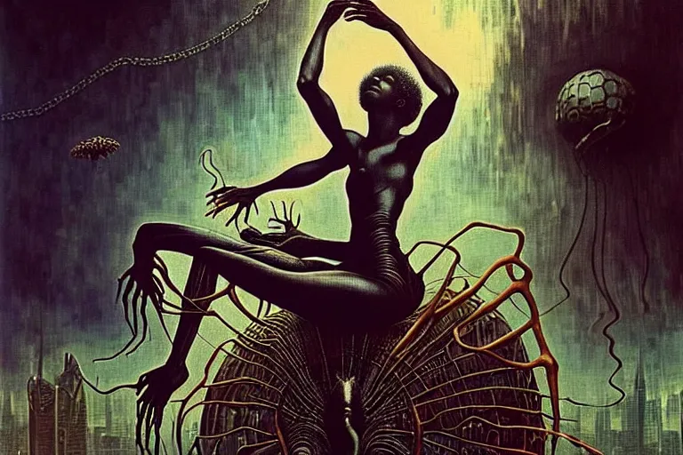 Image similar to realistic detailed portrait movie shot of a beautiful black woman riding a giant spider, dystopian city landscape background by denis villeneuve, amano, yves tanguy, alphonse mucha, max ernst, ernst haeckel, kehinde wiley, caravaggio, jean delville, david lynch, roger dean, cyber necklace, rich moody colours, sci fi patterns, dramatic, wide angle