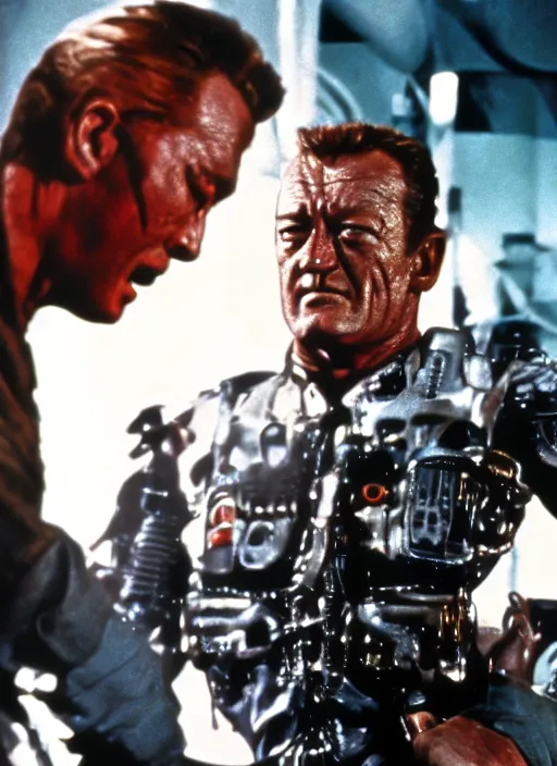 Image similar to film still of John Wayne as The Terminator in The Terminator, 4k