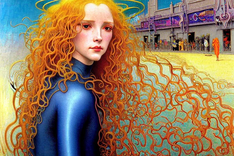 Image similar to realistic extremely detailed full length portrait painting of a girl with blond hair in a crowded modern sci-fi city street by Jean Delville, Amano, Yves Tanguy, Alphonse Mucha, Ernst Haeckel, Edward Robert Hughes, Roger Dean, rich moody colours, blue eyes