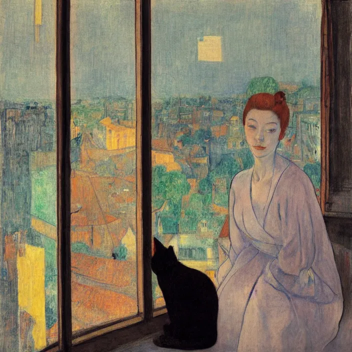 Image similar to portrait of woman in night gown, white cat and aloe house plant with brutalist city seen from a window frame with curtains. night. agnes pelton, caravaggio, bonnard, henri de toulouse - lautrec, utamaro, matisse, monet