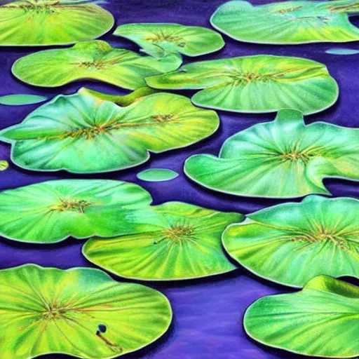 Image similar to perfect frog pattern realistic lily pads in a lake intricate, hyper detailed, realistic, oil painting