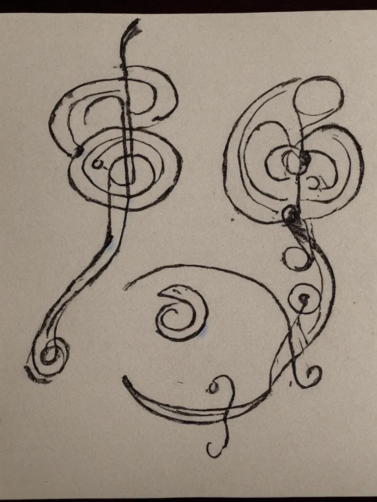 Image similar to a sketch of an acorn that turns into a tree in the shape of a treble clef with a wavy line in the middle, single line drawing