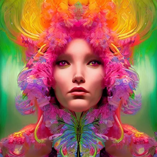 Image similar to a photograpic portrait of a anthropomorphic mimosa wearing colorful neon clothes, fantasy, intricate, elegant, highly detailed, digital painting, artstation, concept art, smooth, sharp focus, illustration, art by artgerm and H R Giger and alphonse mucha