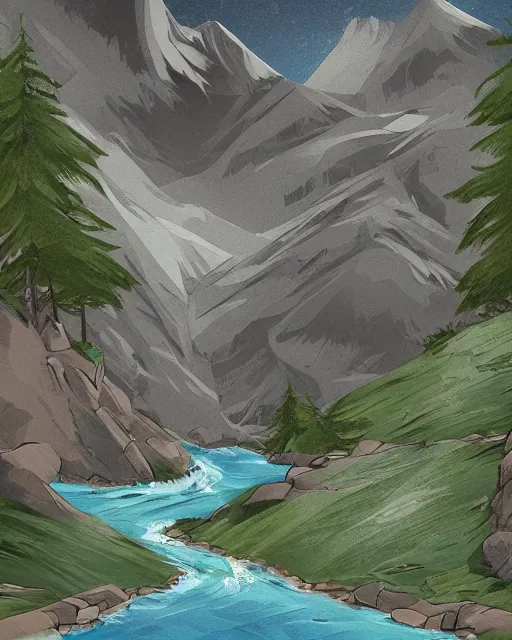 Prompt: mountaintop river flat illustration trending on artstation