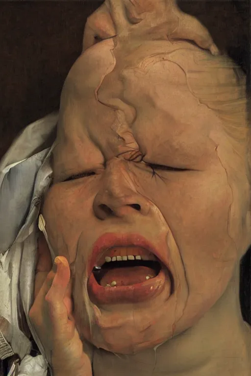 Image similar to a woman enraged, part by Jenny Saville, part by Vermeer