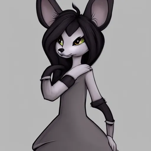 Image similar to headshot of young female furry, D&D, cute, fantasy, intricate, long hair, dark grey skin, mouse face, mouse nose, dark skin, mouse head, mouse ears, black hair, elegant, highly detailed, cartoony, artstation, concept art, smooth, sharp focus, illustration, art by Diives