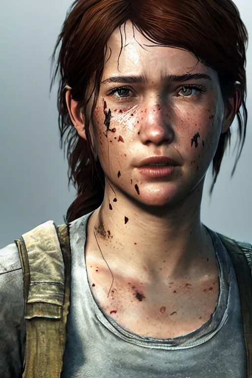 Image similar to ultra realistic facial portrait of ellie from the last of us part 2, digital art, character portrait, highly detailed, trending on artstation, lens flare, atmosphere, hyper realistic, cinematic lightning, sharp focus, unreal engine 5, extreme details perfect face, pretty face, fine - face, illustration, 8 k, ultra texture, masterpiece, oil painted texture