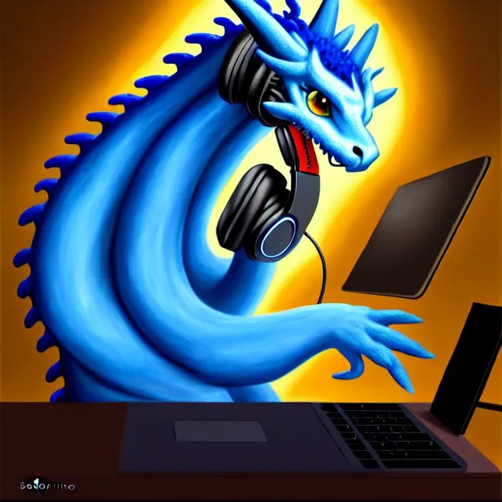 Prompt: a photorealistic painting of an anthropomorphic blue western dragon wearing headphones, laptop, oil on canvas, furry, soft lighting