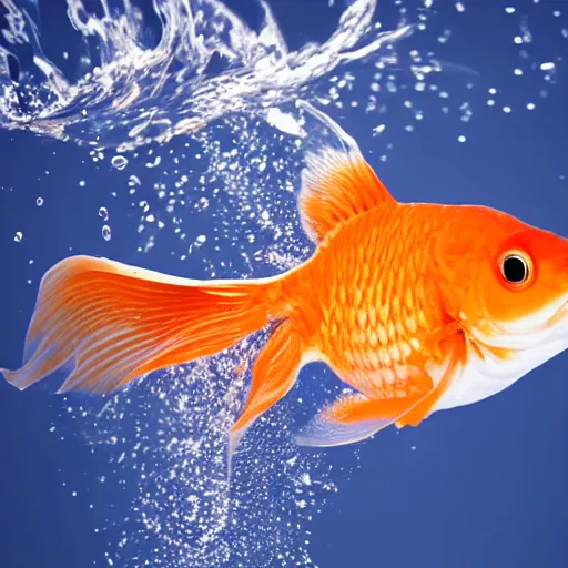 Image similar to stock photo of goldfish jumping in the air splahing water out of the water bowl to freedom blue background