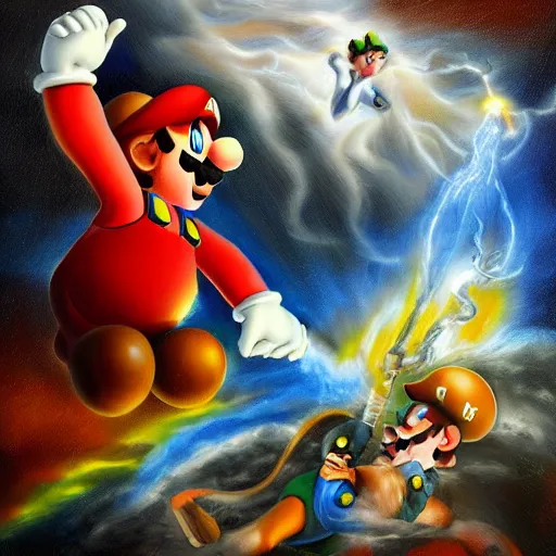 Prompt: mario fighting zeus, style of myth, oil painting