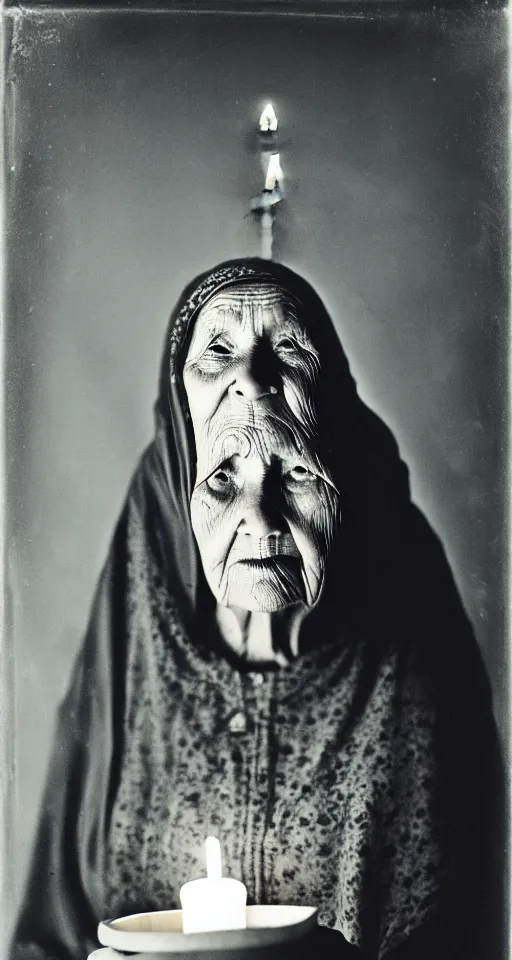 Image similar to a wet plate photograph, a portrait of a wise old woman holding a lit incense candle