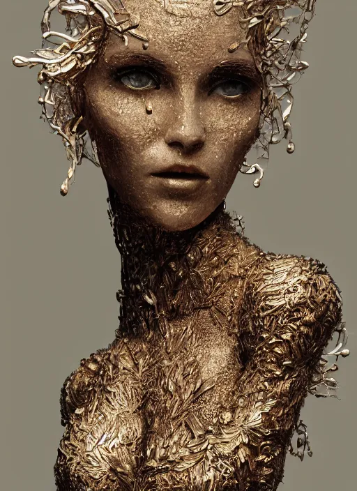 Image similar to sculpture made of wood, portrait, female, future, harper's bazaar, vogue, magazine, intricate, cinematic lighting, concept art, close up, ornate, luxury, elite, elegant, trending on artstation, by ruan jia, by Kenneth Willardt, by ross tran, by WLOP, by Andrei Riabovitchev,