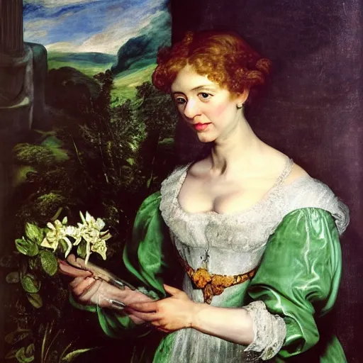 Image similar to Emily Blunt wearing green tunic holding a flower. Painted by Rubens, high detail