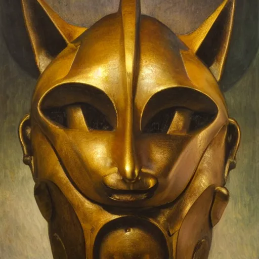 Prompt: masterpiece sculpture of a robot cat head mask, by annie swynnerton and diego rivera and nicholas roerich and jean delville, symbolist, dramatic lighting, god rays, elaborate geometric ornament, art brut, rich colors, smooth, sharp focus, extremely detailed, adolf wolfli and ( donato giancola )
