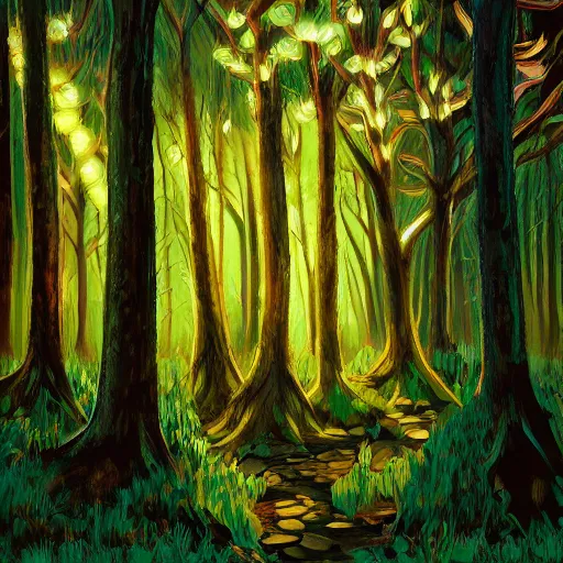Prompt: enchanted forest with intricate details and tons of big trees. deep illumination and beautiful use of light and shadow to create a sense of depth and movement. using energetic brushwork and a limited color palette. light angle left at 2 0 degrees.