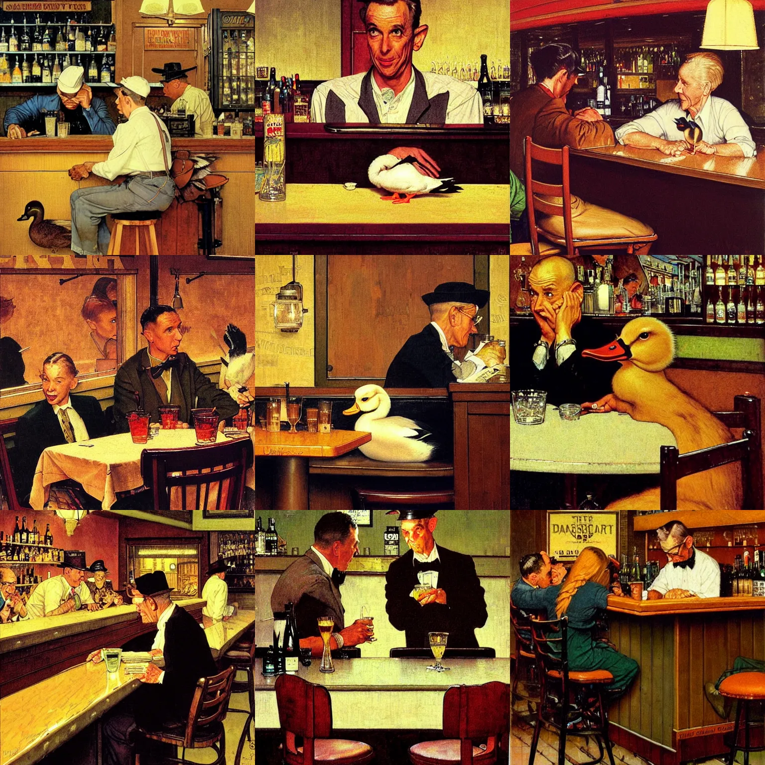 Prompt: Duck sitting at a bar late at night, masterpiece, painting, illustration, art by Norman Rockwell