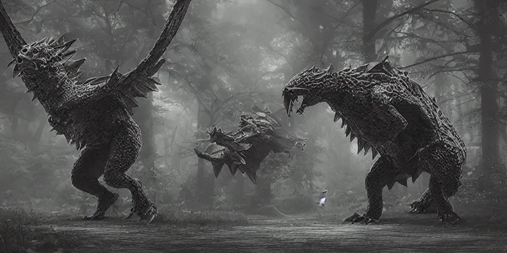 Image similar to real life pokemons, creepy!!!, scaly!!!, gritty!!!, menacing!!!, evil, ultra realistic, gritty, morning, fog, volumetric lighting, sharp focus