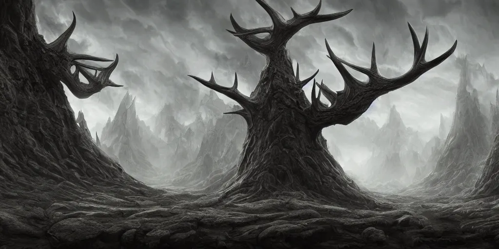 Prompt: a highly detailed matte painting of a nightmare landscape of colossal dark gray stone antler roots, 8 k hd, concept art, artstation, deviantart, cg society,