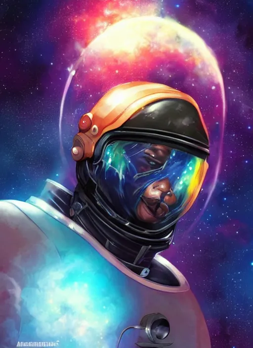 Image similar to handsome black man in an advanced spacesuit in front of exploding nebulae halos, digital illustration trending on artstation by artgerm and rutkowski