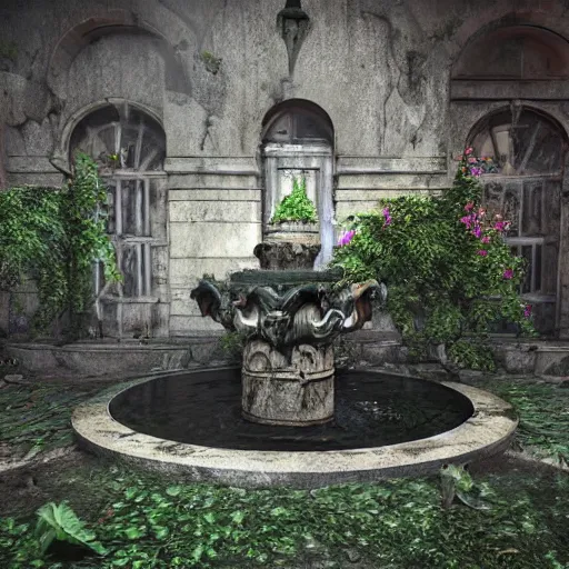 Prompt: abandoned garden inside a dark mansion, fountain, dead flowers, realistic, highly detailed, hd, unreal engine, background of resident evil game