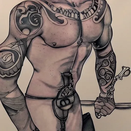 Image similar to muscular bald man, tattooed body, sword in hands, HD, anime style,