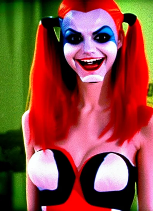 Image similar to a film still of victoria justice as harley quinn from a year nineteen - seventy - two italian giallo film about furbys.