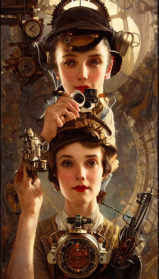 Image similar to hyper realistic photographer looking through camera, magical, steampunk, painted by norman rockwell, tom bagshaw, mucha, gaston bussiere, craig mullins, j. c. leyendecker 8 k