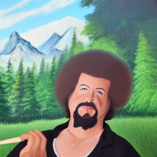 Image similar to a closeup photorealistic photograph of bob ross detailing a canvas painting of kenny powers. mountains and trees. film still. brightly lit scene. this 4 k hd image is trending on artstation, featured on behance, well - rendered, extra crisp, features intricate detail, epic composition and the style of unreal engine.