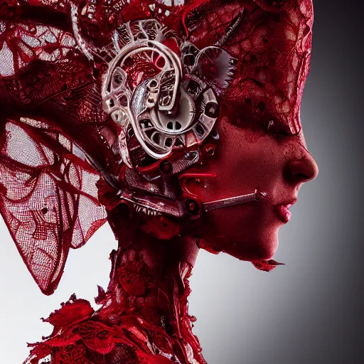 Image similar to a female harkonen model by stefan geselle and nekro borja, photorealistic, biomechanical, red lace, intricate details, hyper realistic, ornate headpiece, photorealistic, canon r 3, photography, wide shot, photography, dark beauty, symmetrical features