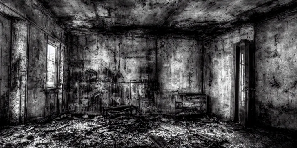 Prompt: a very dark room in a derelict house, black and white, grungy