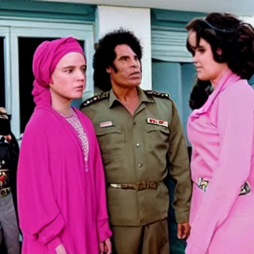 Image similar to A movie still of Muammar Gaddafi wearing a pink dress in Mean Girls