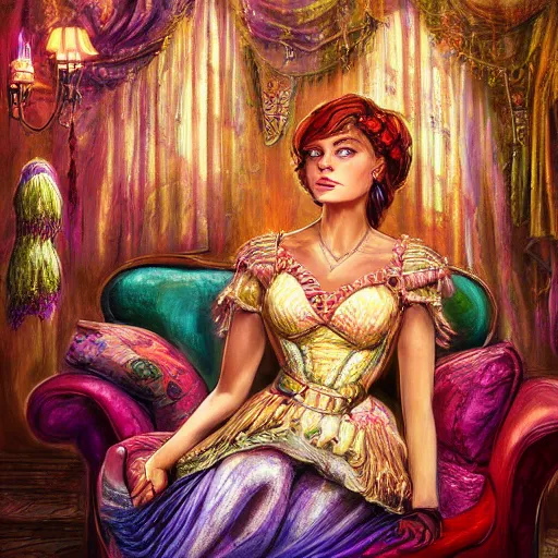 Image similar to a beautiful female is sitting on her living room couch. She is dressed casually and is watching TV, Regal, Realistic, Refined, Detailed Digital Art, Josephine wall, Oil Painting, Steampunk, Highly Detailed, Cinematic Lighting, Unreal Engine, 8k, HD