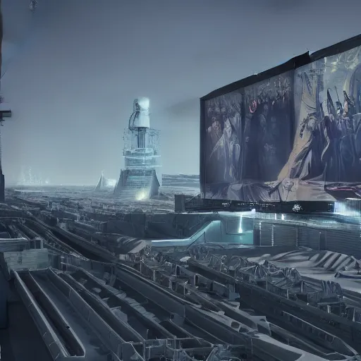 Prompt: sci-fi wall structure on the coronation of napoleon painting and digital billboard in the middle, unreal engine 5, keyshot, octane, artstation trending, ultra high detail, ultra realistic, cinematic, 8k, 16k, in style of zaha hadid, in style of photogrammetry cloud, in plastic, dark, tilt shift,