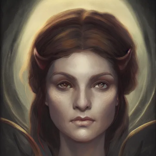 Prompt: a detailed matte head - on portrait painting of an middle - aged half - tiefling noblewoman with golden eyes and short well kept hair, by charlie bowater, lise deharme, wlop, tending on arstation, dungeons and dragon, dnd, pathfinder, fanart, oil on canvas