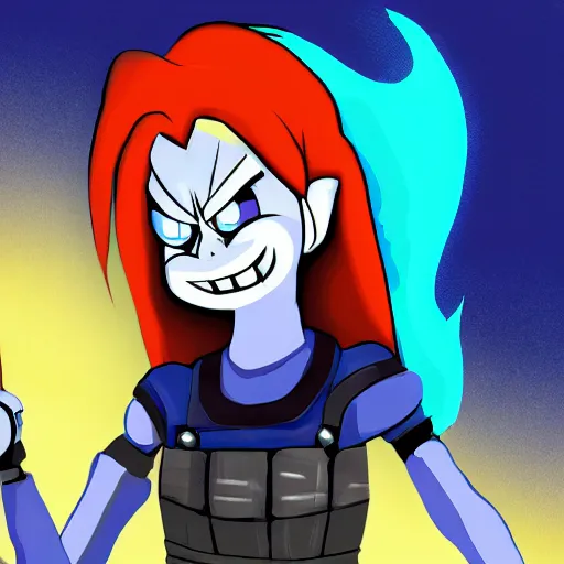 Image similar to digital painting of Undyne from the game Undertale