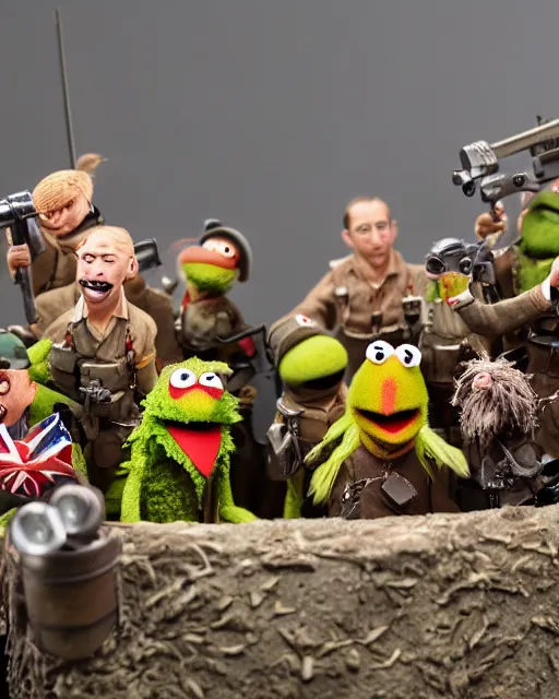 Prompt: high quality presentation photo of a detailed miniature diorama muppets in wwii, photography 4k, f1.8 anamorphic, bokeh, 4k, Canon, Nikon