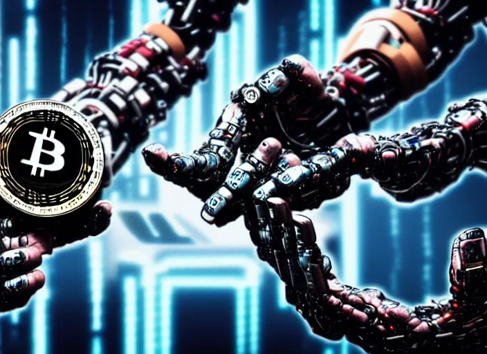 Image similar to mechanical terminator hand holding a bitcoin between two fingers. centered. horror cyberpunk dystopia style. highly detailed 8 k. intricate. nikon d 8 5 0 3 5 mm. award winning photography.