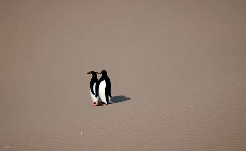 Image similar to confused penguins in sand dunes, photography