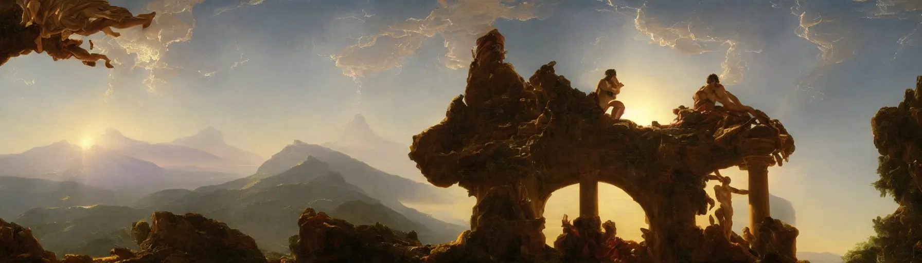 Prompt: an awe-inspiring thomas cole style painting of Zeus contemplating humanity's predicament atop an enormous Greco-Roman column while the sun sets upon Mount Olympus in the distance