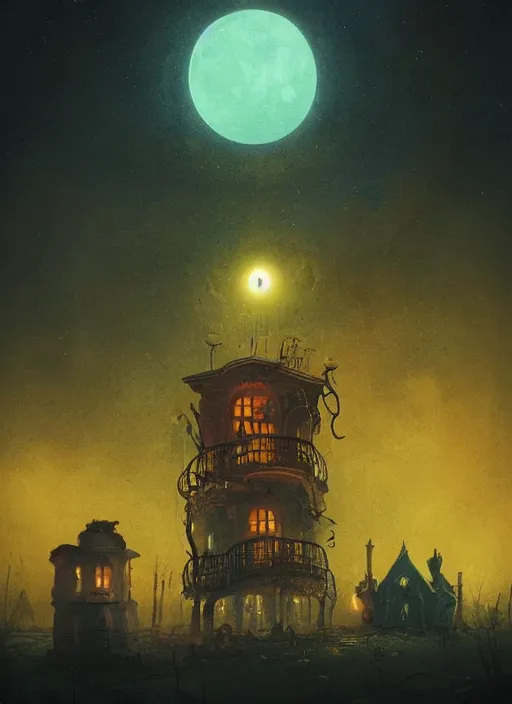 Image similar to giant tentacles in burning vapor glowing mansion dramatic lighting desolate landscape with a light moon in a night circus setting, artem chebokha, alexander jansson, allen williams, anja millen, simon stalenhag, adam paquette