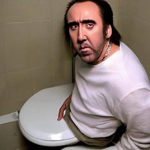 Image similar to nicolas cage doing coke on toilet seat