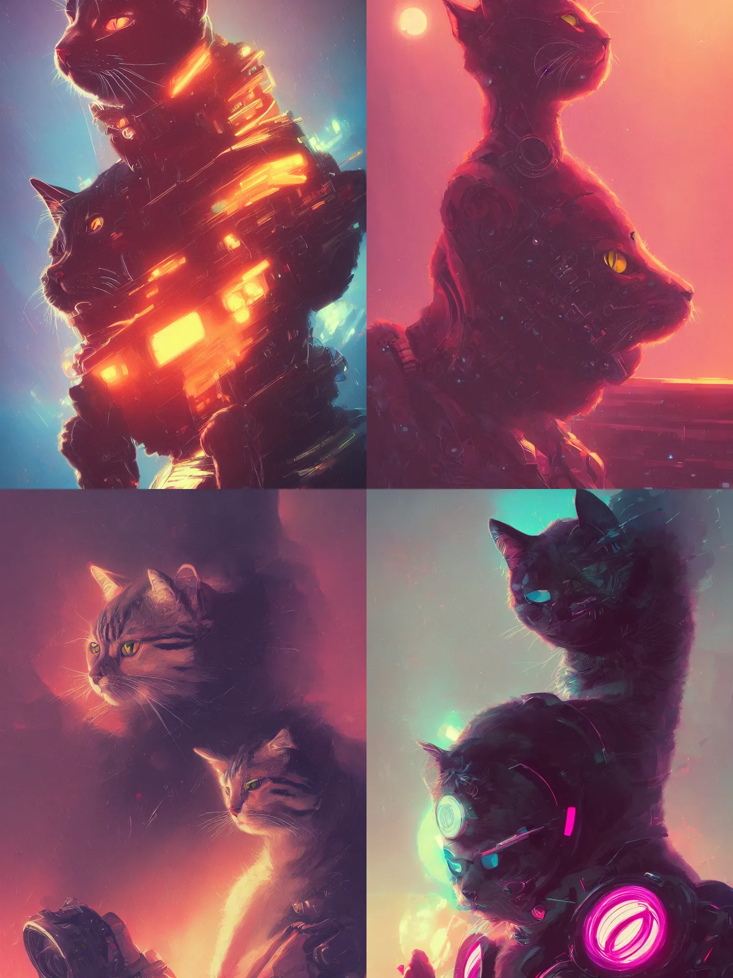 Image similar to detailed portrait of a cat, synthwave, retrowave, cyberpunk, illustration by jordan grimmer and greg rutkowski, trending on artstation