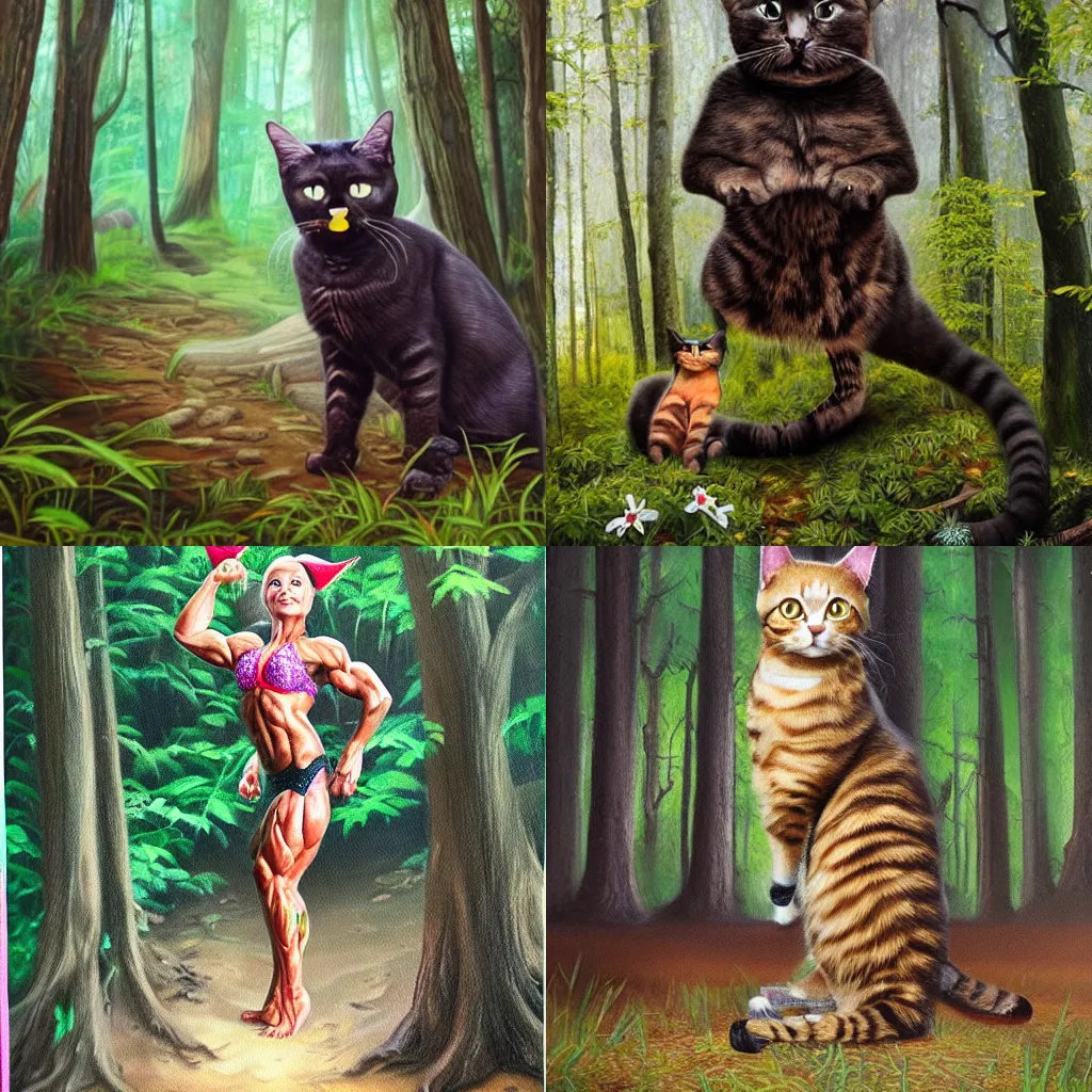 Prompt: a hyper real painting of a bodybuilder cat witch standing in a forest