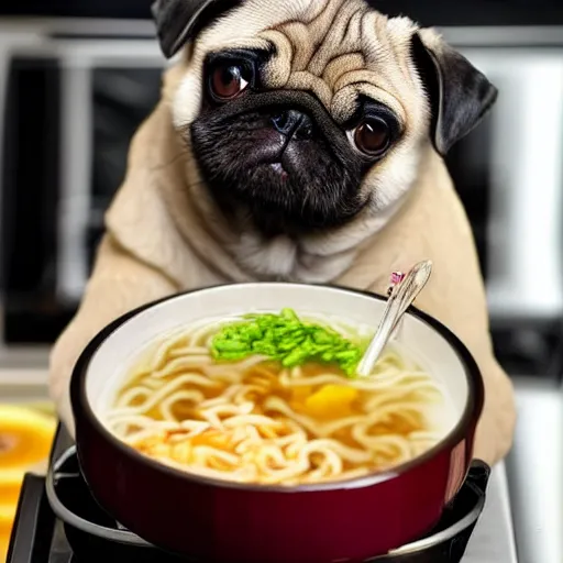 Image similar to An adorable pug sitting in a pot of ramen noodle soup atop a stove, high resolution photograph