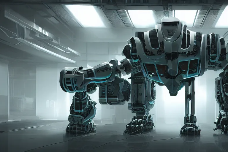 Image similar to parallax datacenter server room single mono colossus white rusty android robosaurus guard in artstation cinematic detailed concept art volumetric light sharp coherent cgsociety symmetric perfect server equipment