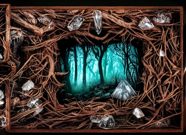 Image similar to photo of a crystal box with horrors inside in the forest. Fantasy horror style. Highly detailed 8k. Intricate. Nikon d850 55mm. Award winning photography.