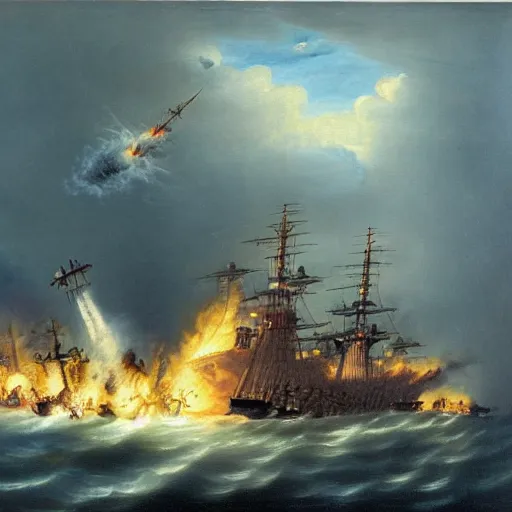 Prompt: oilpainting of a naval battle in 1742, with a ship on fire, and a ufo with aliens