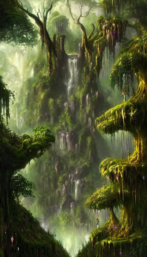 Image similar to fairy palace, castle towers, waterfall of gold and gems, gnarly trees, lush vegetation, forest landscape, painted by tom bagshaw, raphael lacoste, eddie mendoza, alex ross concept art matte painting