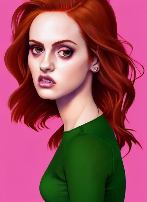 Image similar to full body portrait of teenage cheryl blossom, bangs, green eyes, sultry expression, red hair, sultry smirk, bangs and wavy hair, pink skirt, bangs, intricate, elegant, glowing lights, highly detailed, digital painting, artstation, concept art, smooth, sharp focus, illustration, art by wlop, mars ravelo and greg rutkowski